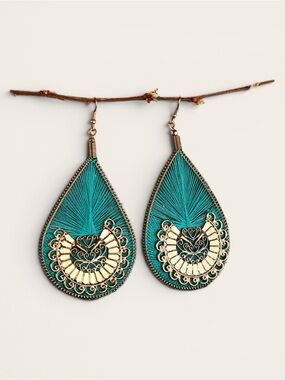 Boho Gold Teal String Teardrop Filigree Earrings